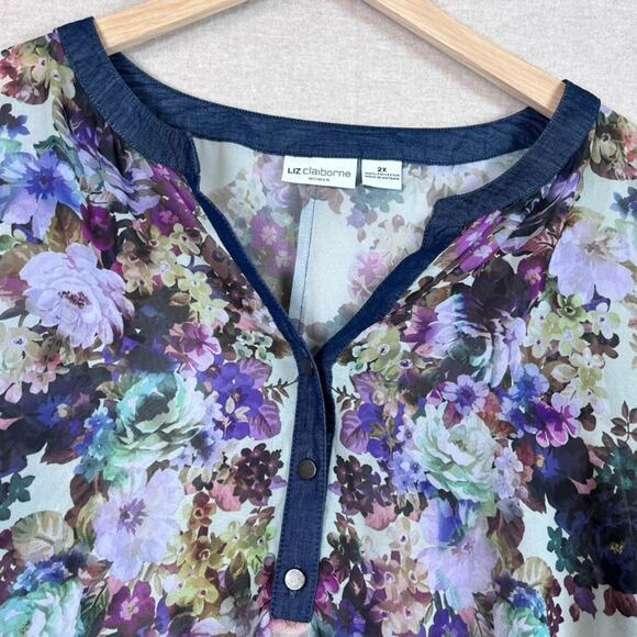 Liz Claiborne Womens Floral Fairy Popover Top Size 2X Flowy Lightweight Office - Picture 2 of 9